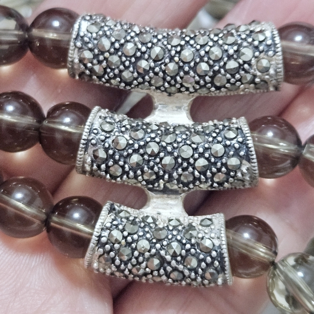 Vintage Triple Strand Natural Smoky Quartz .925 Sterling Silver  Necklace - Picture 7 of 7